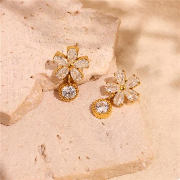 18K Gold-Plated Stainless Steel Zircon Flower Drop Earrings - Picture 5 of 7